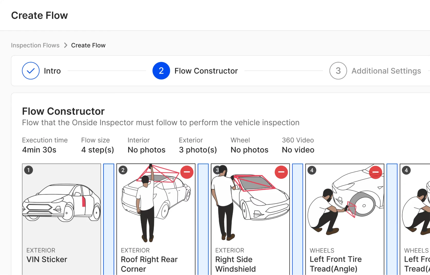 Flow Constructor screen building a custom inspection flow step by step