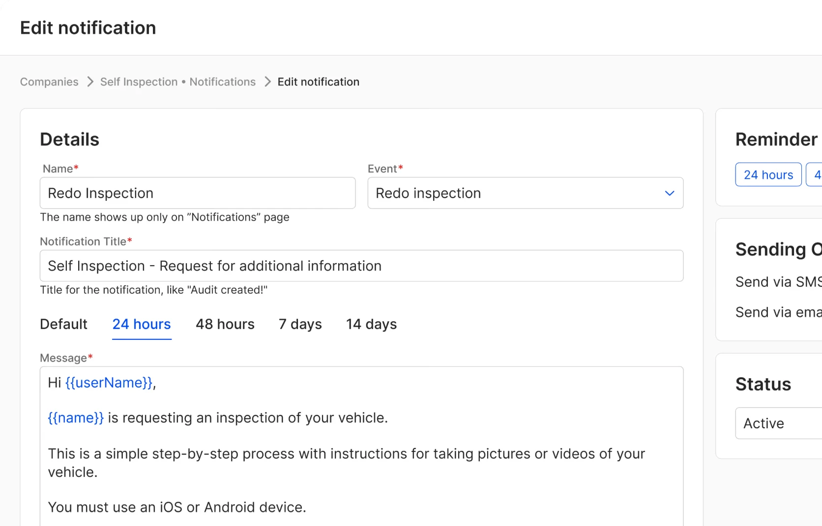 Edit notification screen with name, event, message and reminder timing