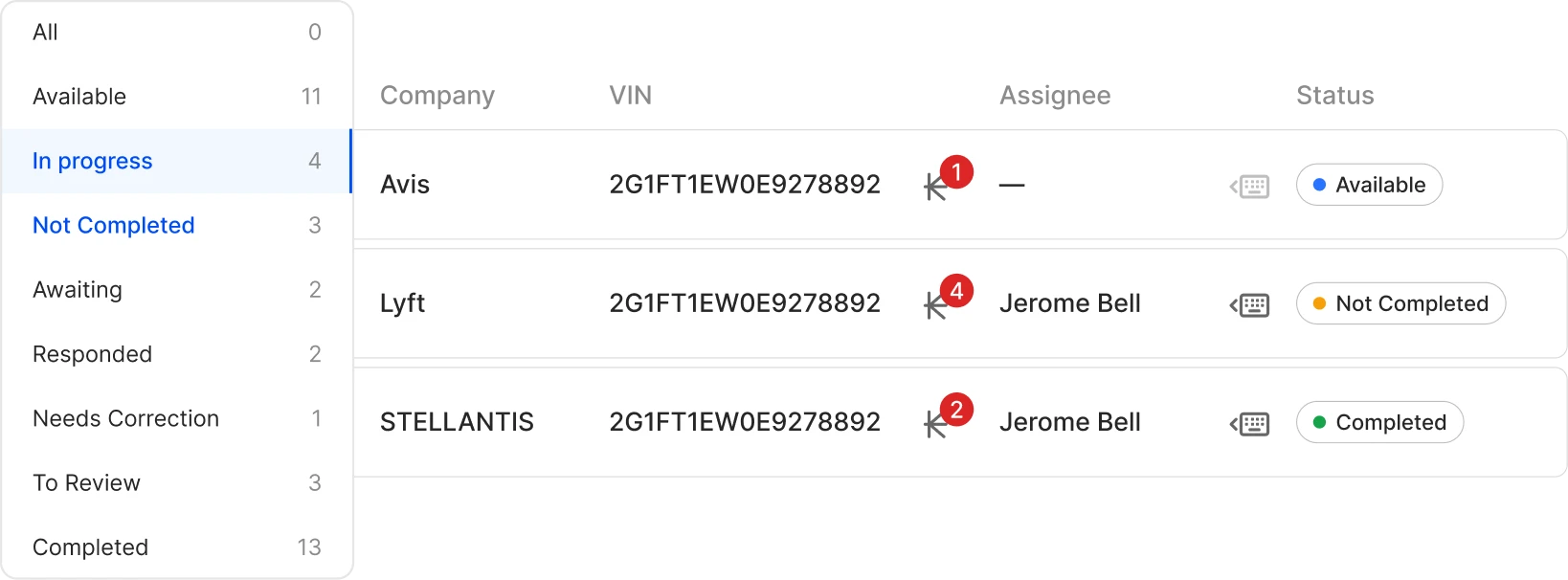 Fleet vehicle list with status filters, VINs, assignees and inspection status