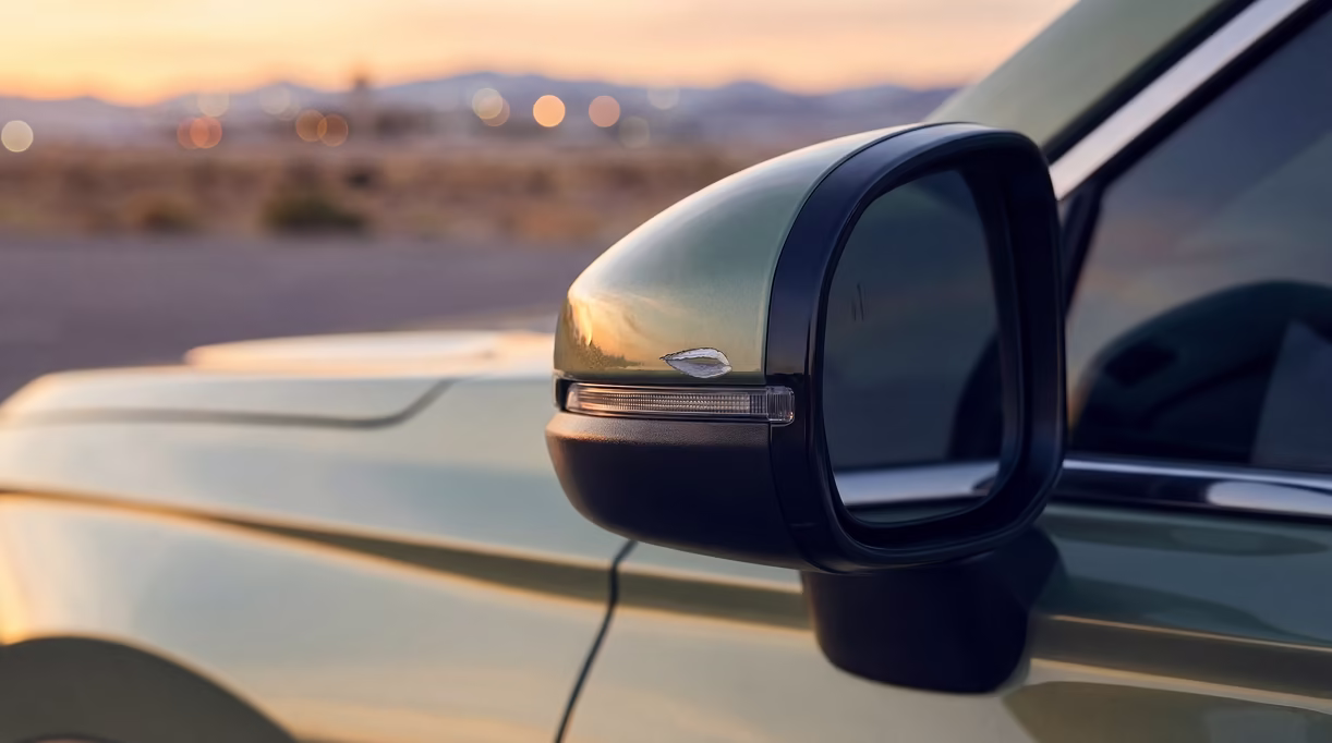 Left side mirror with a paint chip on the cover, at sunset