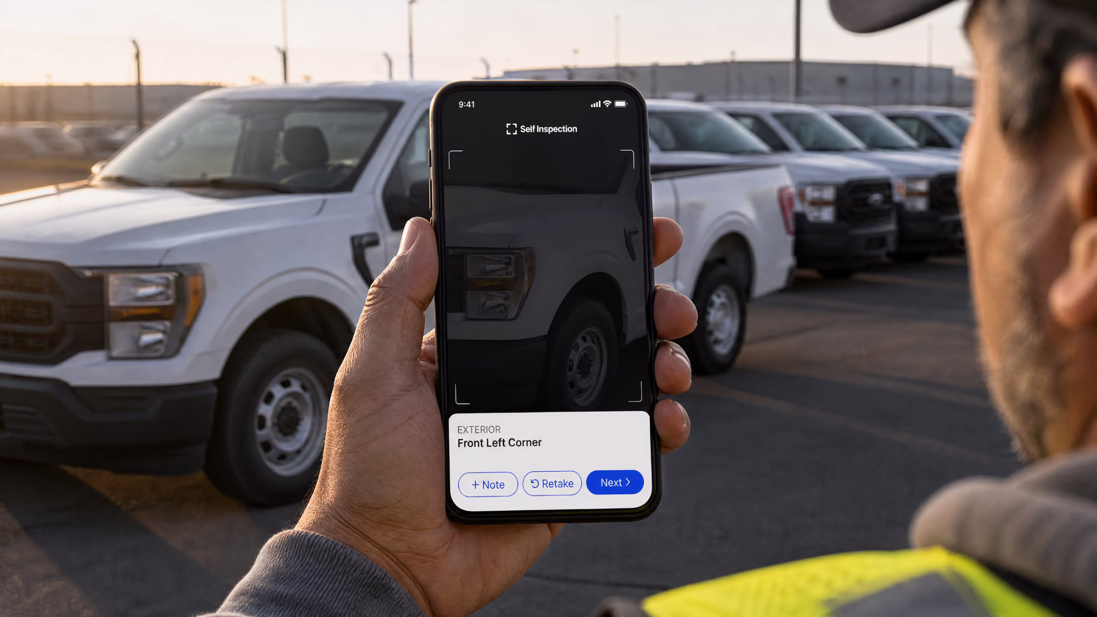 Fleet worker capturing the front left corner of a white pickup truck in Self Inspection, beside a row of fleet trucks