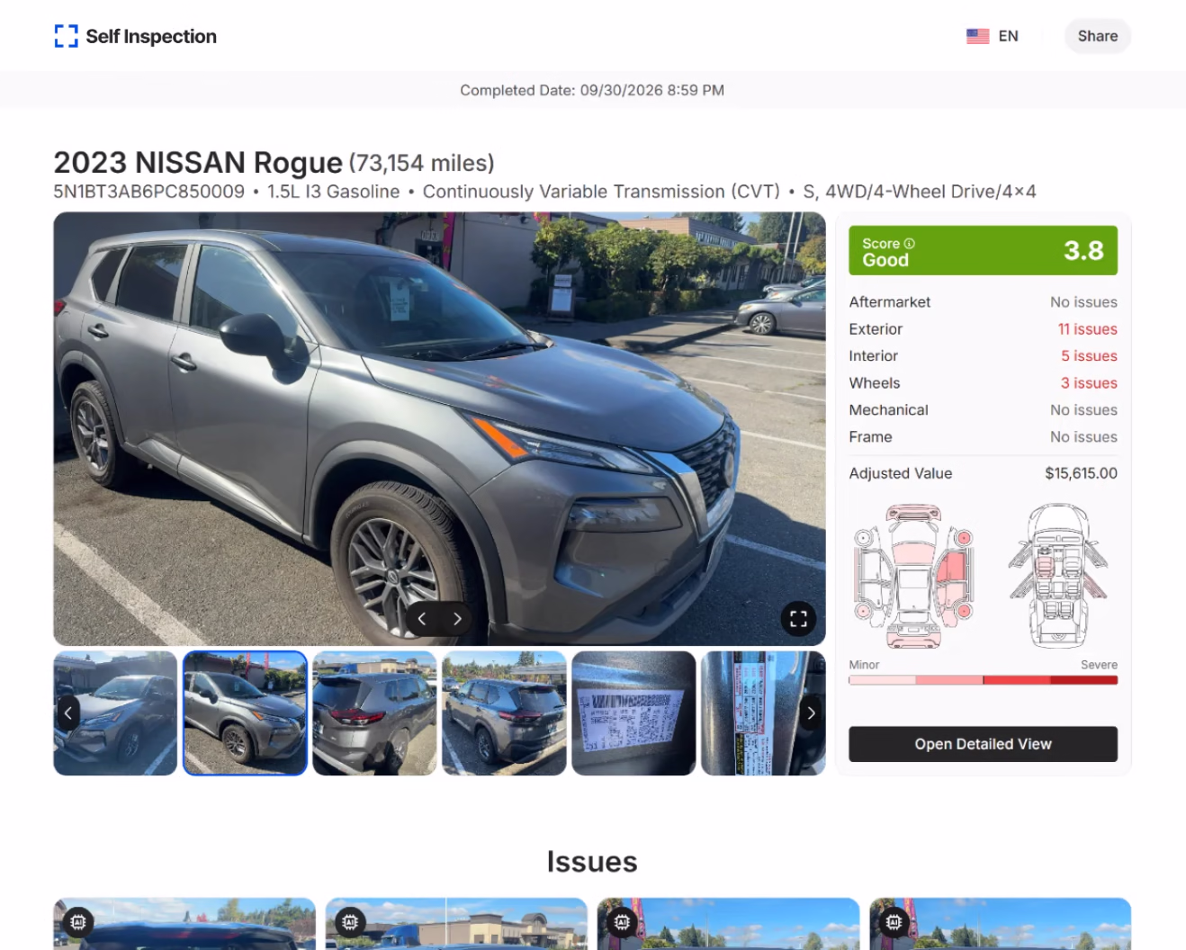 Self Inspection condition report for a 2023 Nissan Rogue, with vehicle photo, score of 3.8 and damage map
