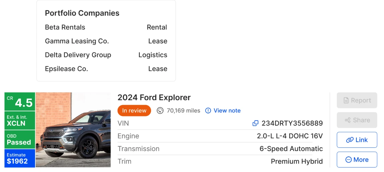 Portfolio companies list above a 2024 Ford Explorer condition card with CR 4.5, OBD passed and a $1962 estimate