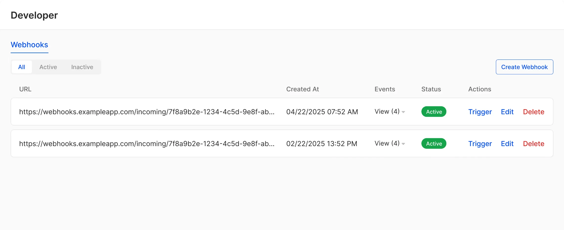 Developer settings showing webhook endpoints with creation dates and active status
