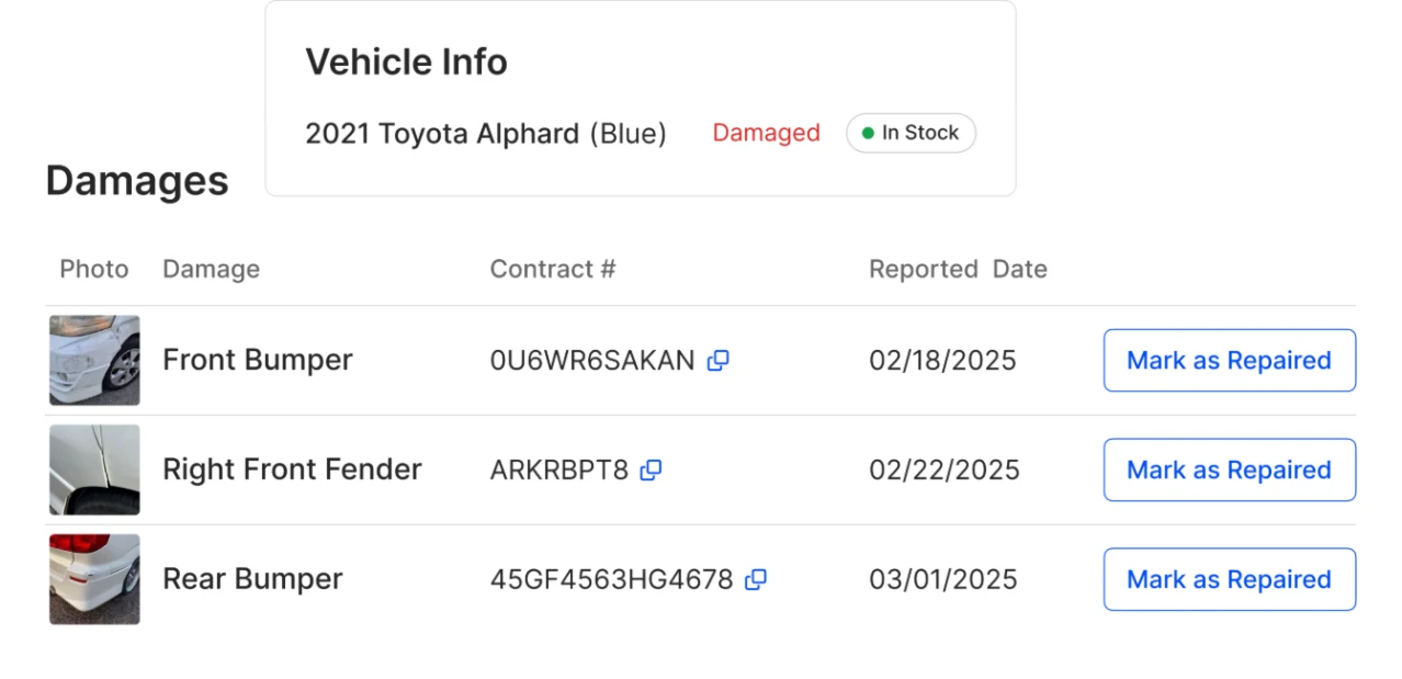 Vehicle info for a 2021 Toyota Alphard with damages on the front bumper, right front fender and rear bumper, each tied to a contract