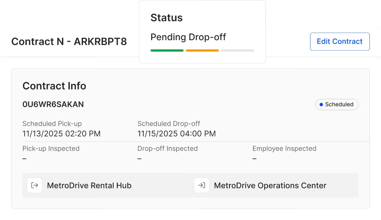 Rental contract pending drop-off, with scheduled pick-up 11/13/2025 and drop-off 11/15/2025