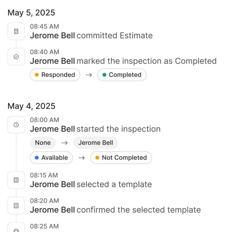 Timeline of Jerome Bell's inspection actions with timestamps and status updates on May 4 and 5, 2025